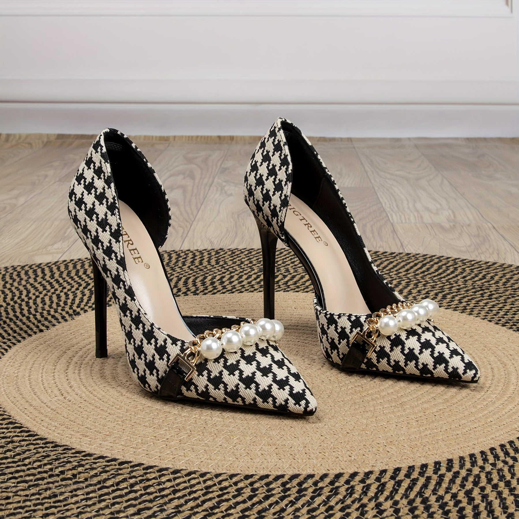 Elegant Women's Black Houndstooth Stiletto Heels with Faux Pearl & Metal Chain Accents - Pointed Toe, High-Quality Canvas & PU Cover, Durable Rubber Sole - Ideal for Weddings, Parties, Office & Dates, High Heels for Wedding,